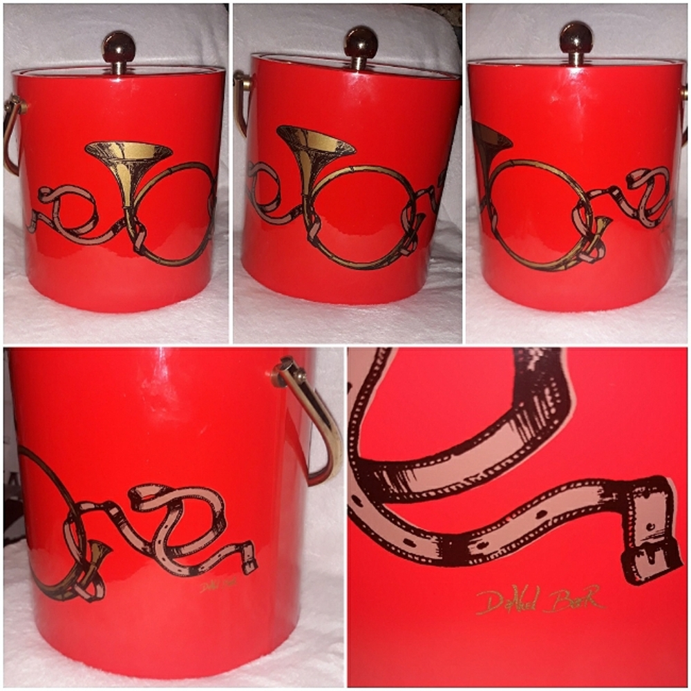 Daniel Baer Signed Hunting Horn Motif Ice Bucket Red & Gold